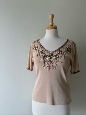 Pierri New York Beaded Knit Top Beige Embellished Short Sleeve Size L